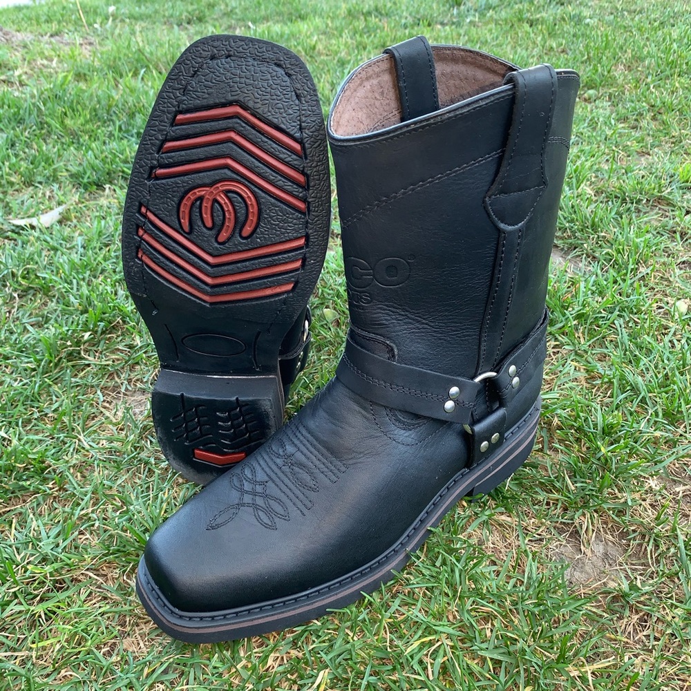 MEN'S BIKERS BOOTS GENUINE LEATHER BLACK Cowboy Western Black Bota con Arnés 807